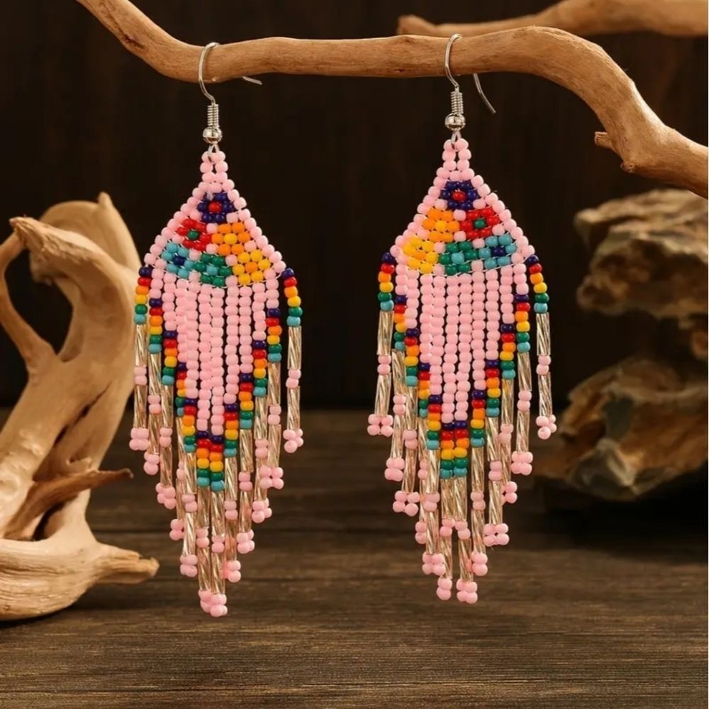 Pink Western Tribal fringe beaded earrings